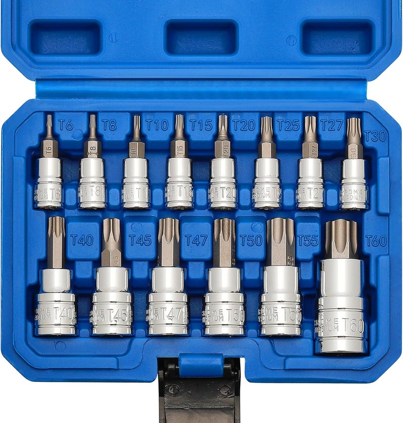 Mayouko 14PCS Torx Bit Socket Set, T6-T60, 1/4-Inch, 3/8-Inch and 1/2-Inch Drive, S2 and Cr-V Steel, Star Bits Socket Set - Image 1